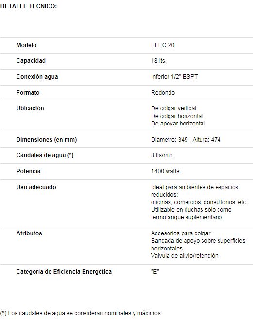 ECOTERMO - TERMO L EUROPEA X 20 LTS ELECTRICO CONEX INF (TECO10I020) - Imagen 2