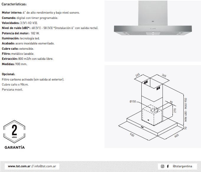 TST - CAMPANA PREMIUM - ISLA LT 90-A-3V-CM CON MOTOR ACERO (235-90) - Imagen 3